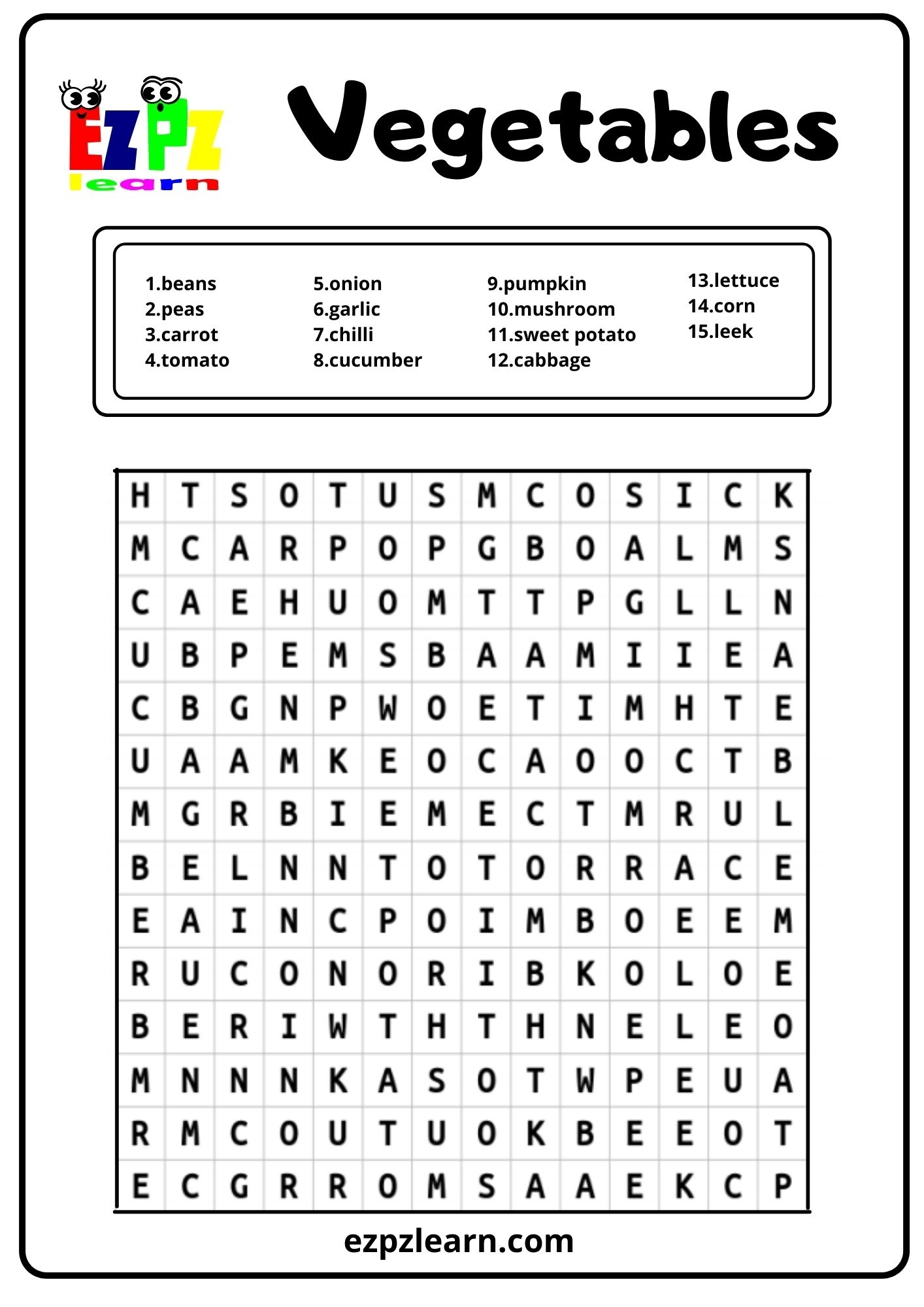 Vegetables Word Search Ezpzlearn