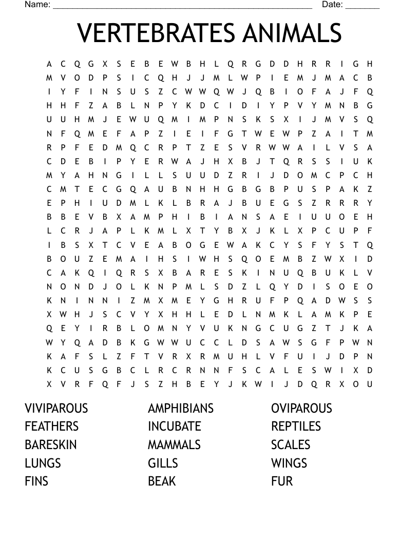 VERTEBRATES ANIMALS Word Search WordMint