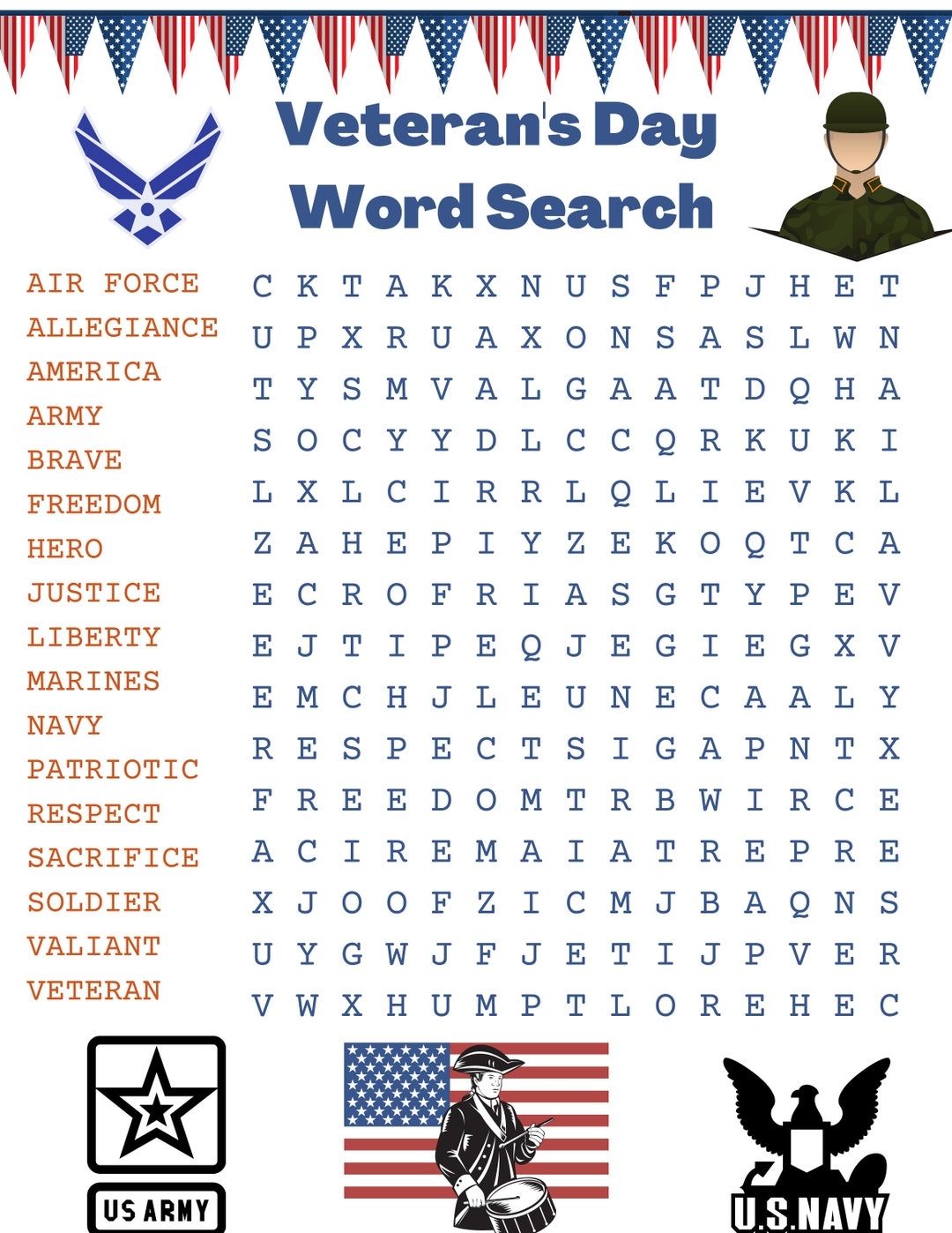 Veteran s Day Word Search Etsy