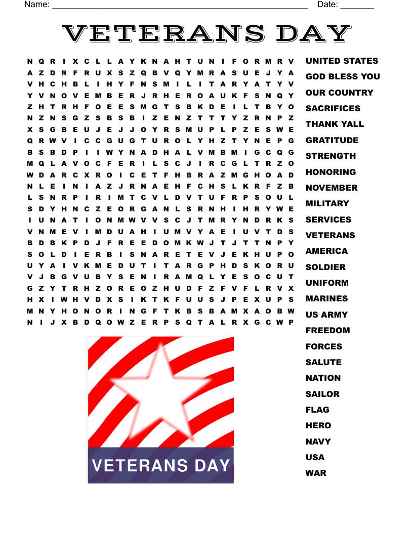Veterans Day Word Search WordMint