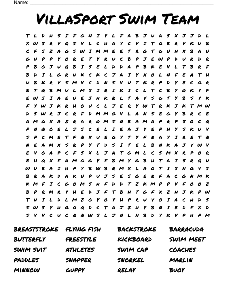 VillaSport Swim Team Word Search WordMint