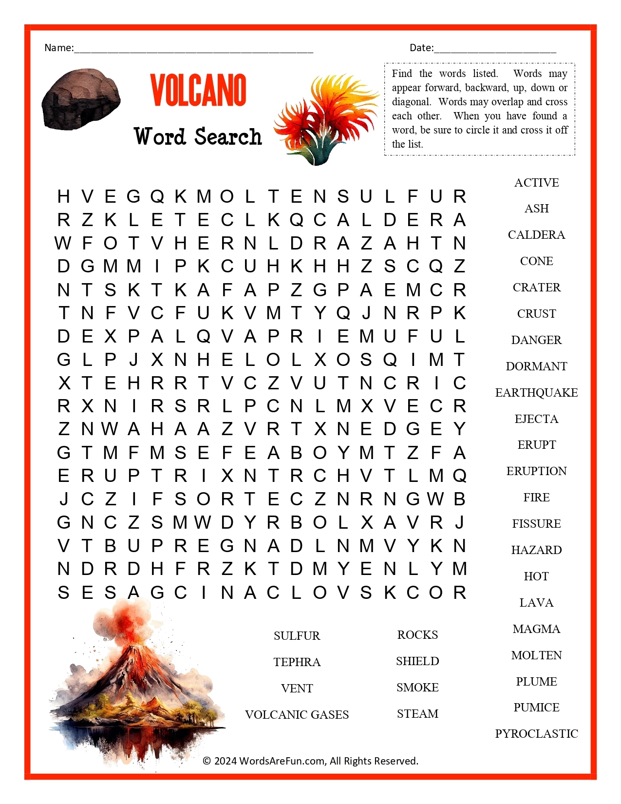 Volcano Word Search For Kids