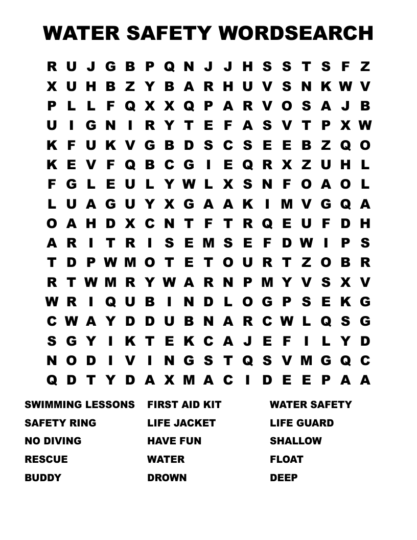 WATER SAFETY WORDSEARCH WordMint WATER SAFETY WORDSEARCH WordMint