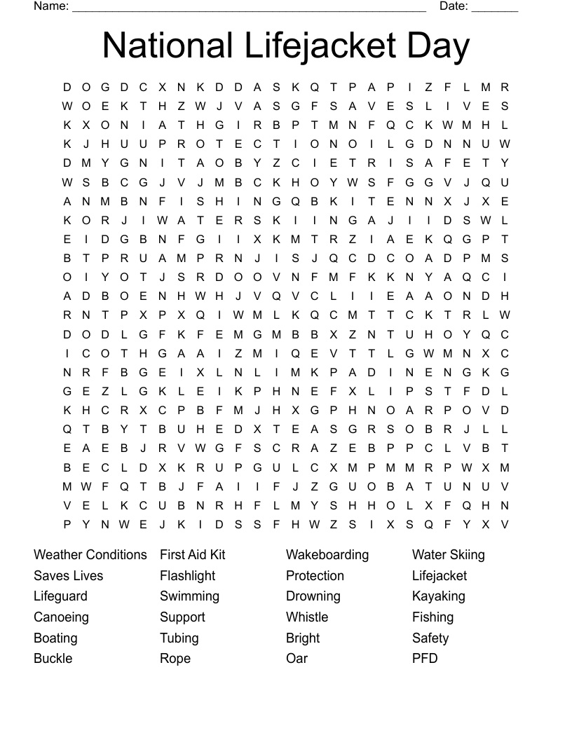 Water Safety WordSearch WordMint