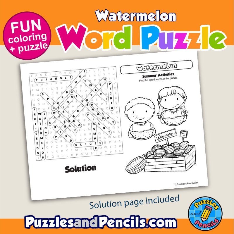 Watermelon Word Search Puzzle Activity Page And Coloring Summer Wordsearch