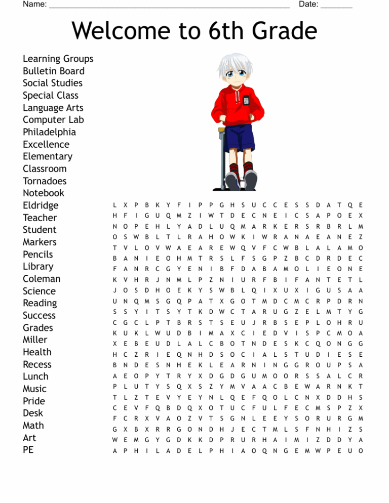 Welcome To 6th Grade Word Search WordMint