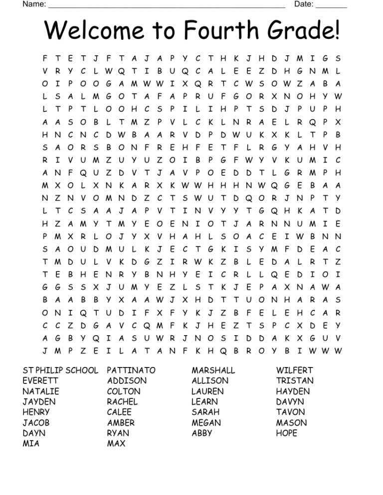 Welcome To Fourth Grade Word Search WordMint