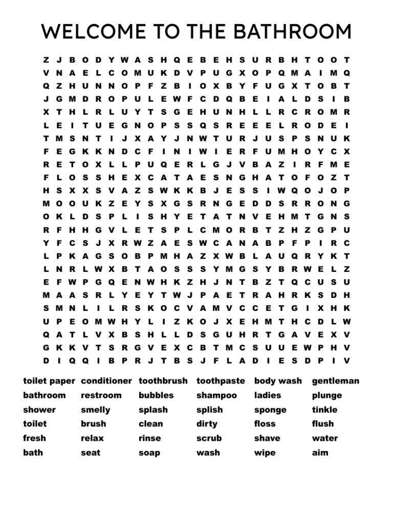 WELCOME TO THE BATHROOM Word Search WordMint