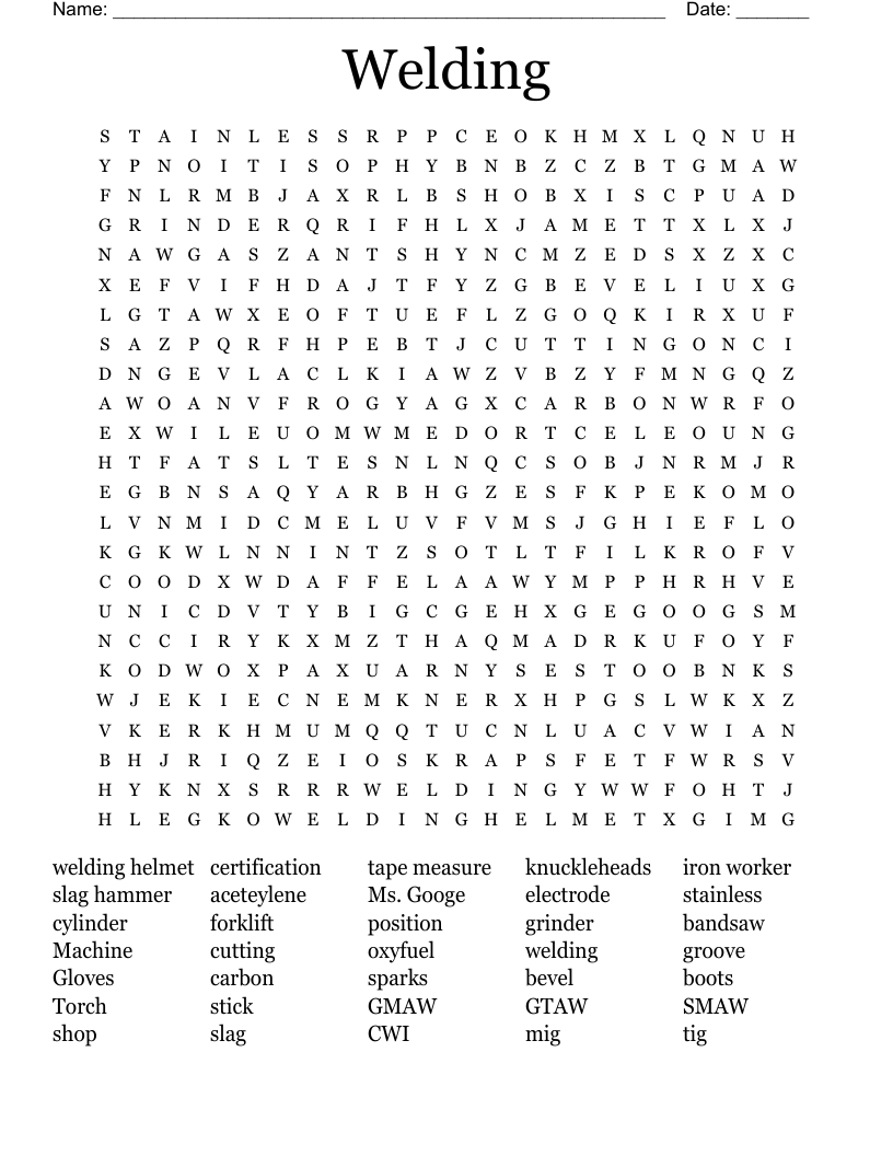 Welding Word Search WordMint