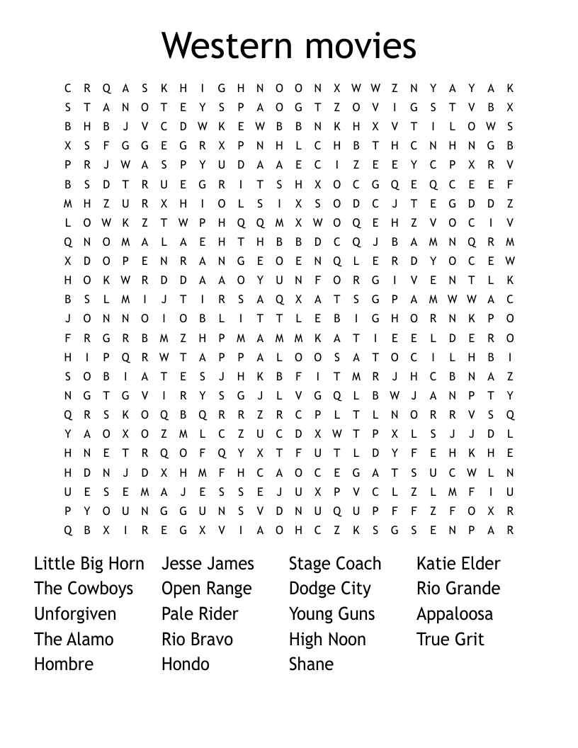 Western Movies Word Search WordMint