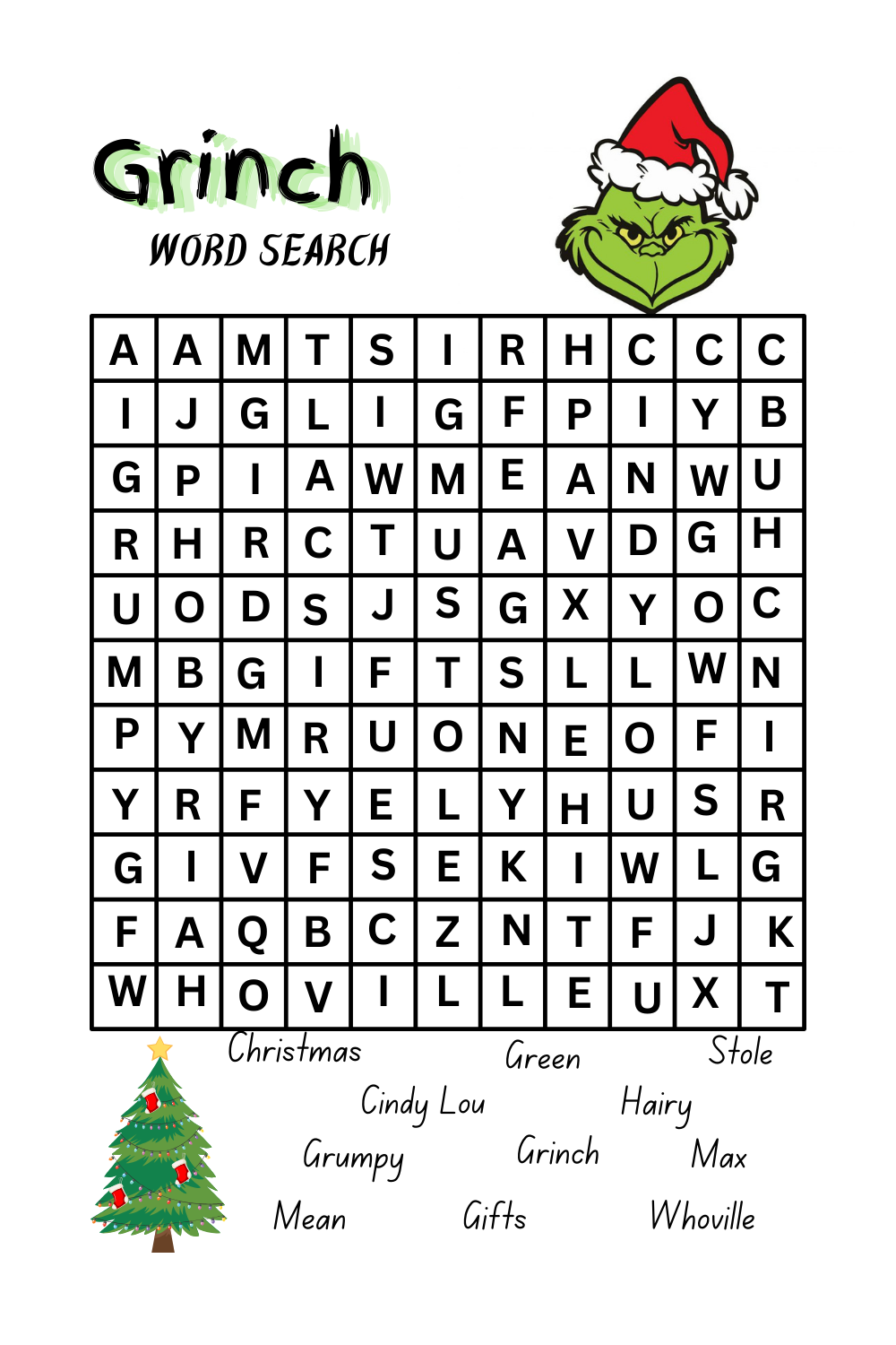 Whimsical Grinch Word Search For Kids Fun Christmas Activity