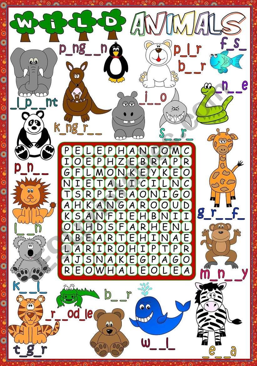 Wild Animal Word Search Printable