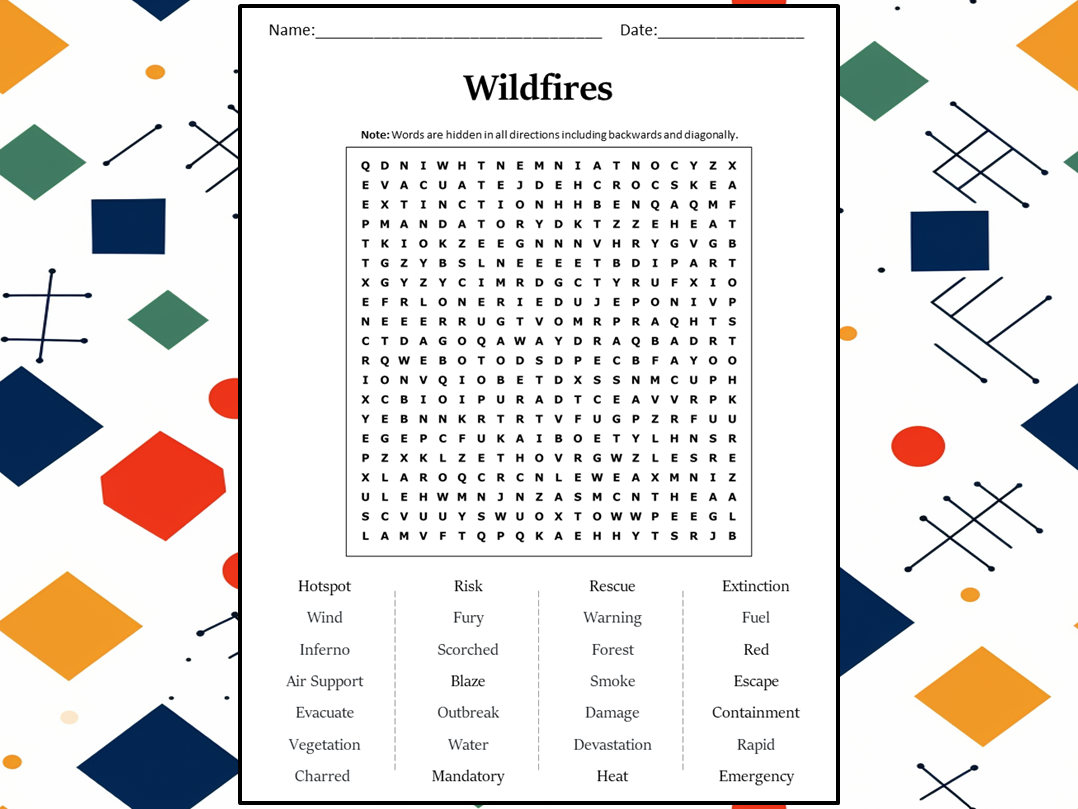 Wildfires Word Search Puzzle Worksheet Activity Teaching Resources