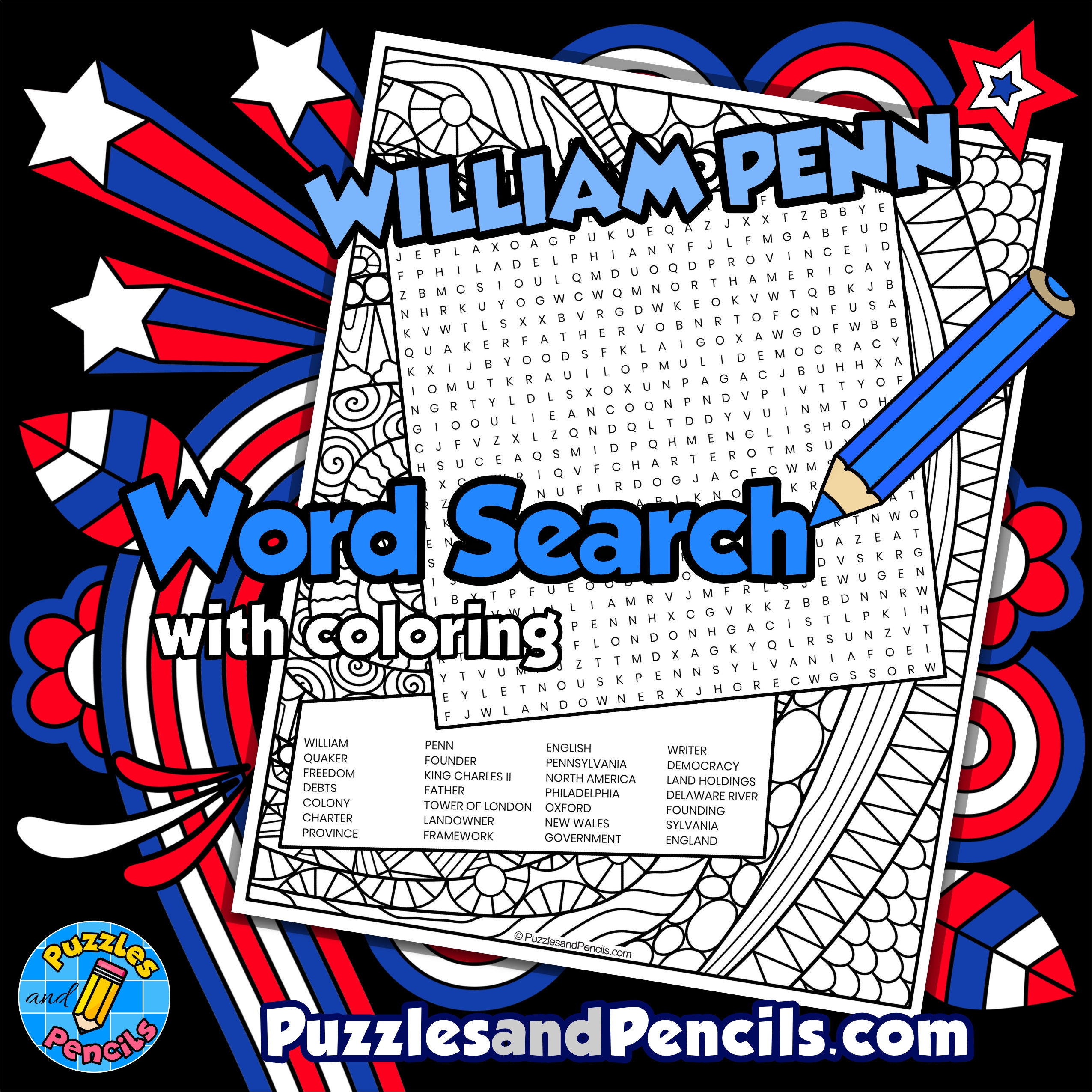 William Penn Word Search Puzzle With Coloring US History Wordsearch William Penn Word Search Puzzle With Coloring US History Wordsearch