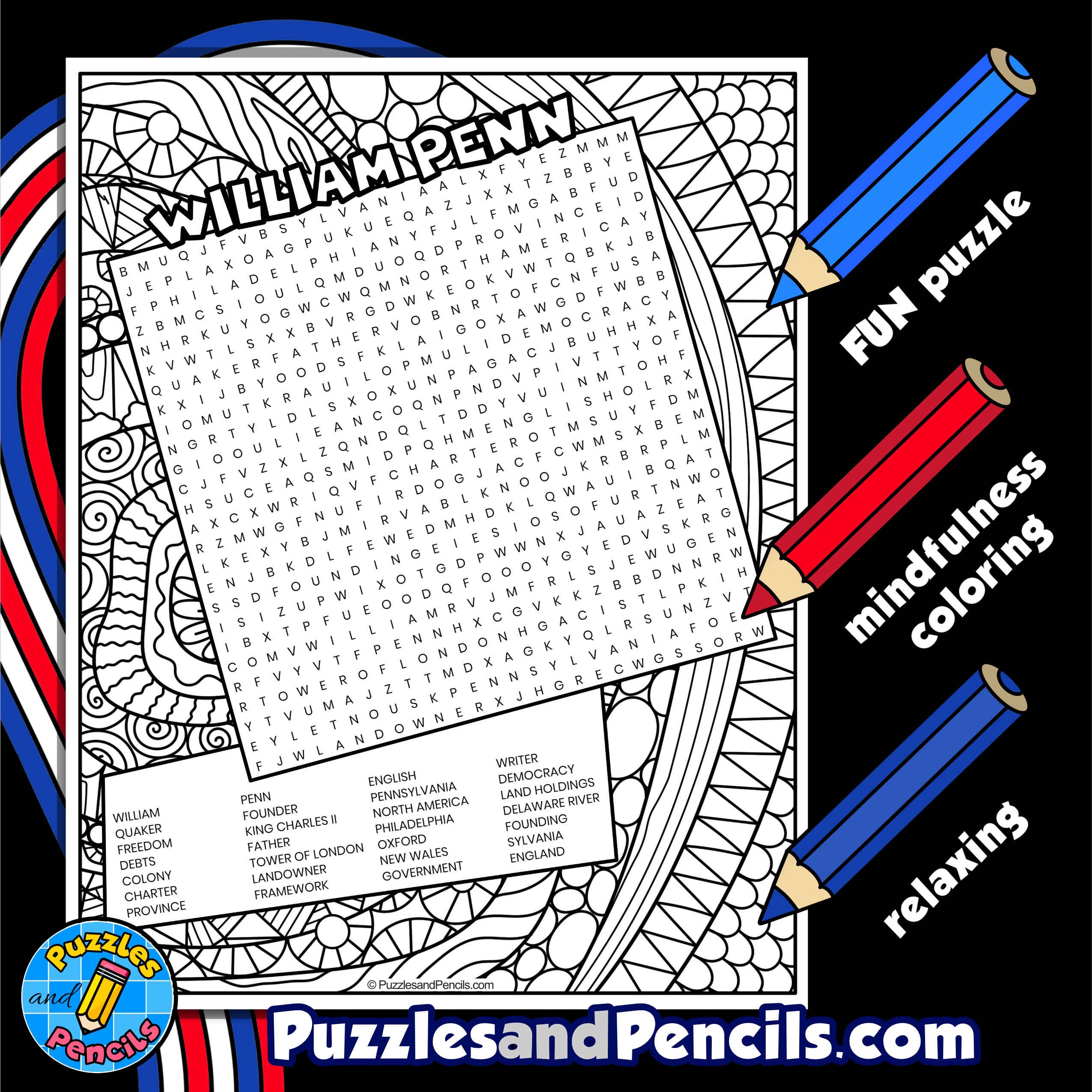 William Penn Word Search Puzzle With Coloring US History William Penn Word Search Puzzle With Coloring US History