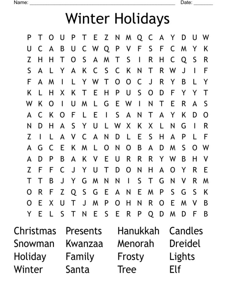 Winter Holidays Word Search WordMint