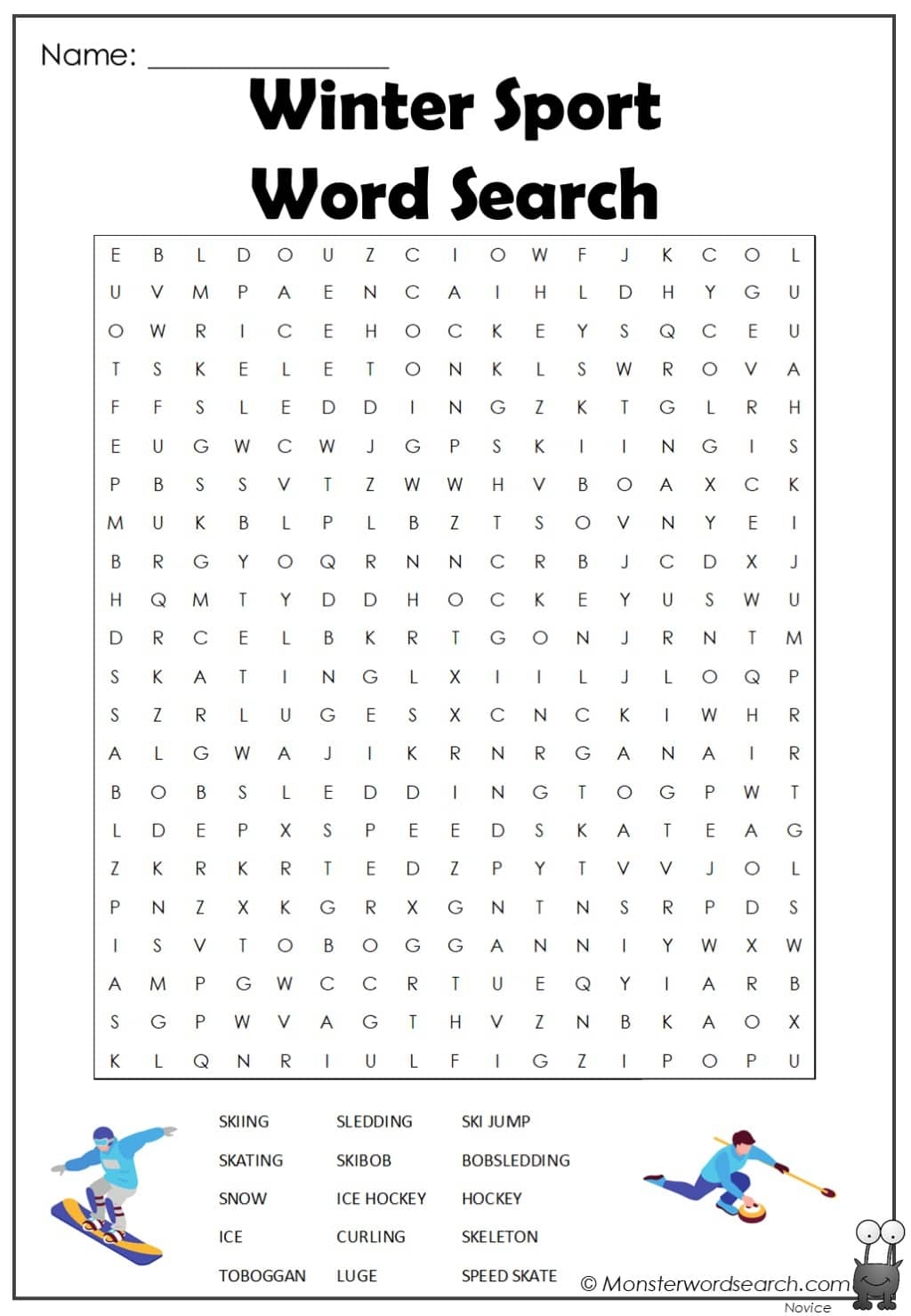 Winter Sport Word Search Monster Word Search