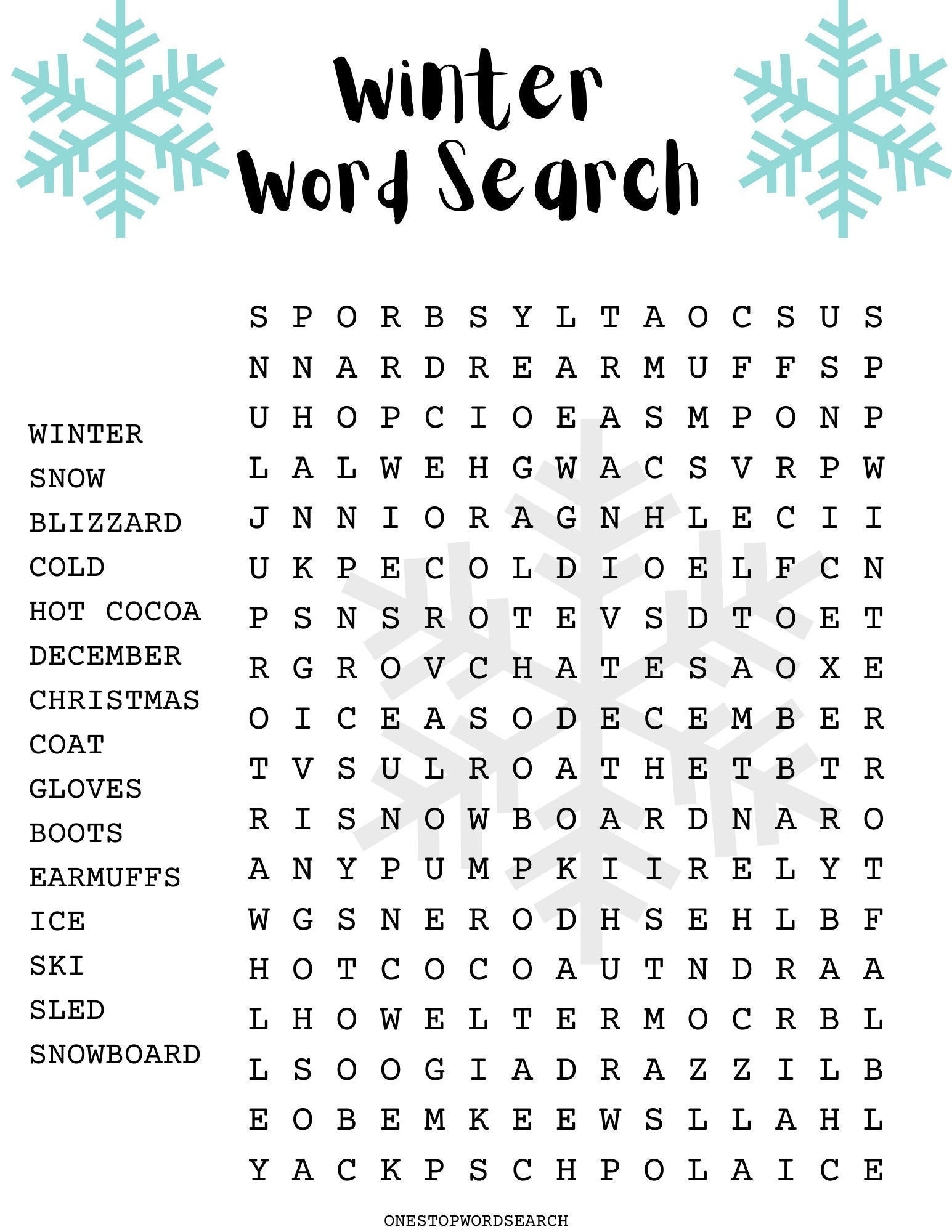 Winter Word Search Puzzle With Answer Sheet Seasonal Puzzles Family Activities Children s Puzzles