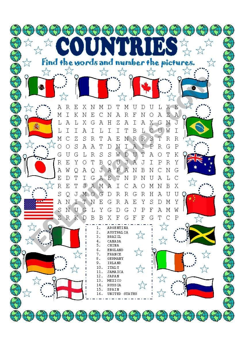 WORD SEARCH COUNTRIES AND NUMBER THE PICTURES ESL Worksheet By Lupiscasu WORD SEARCH COUNTRIES AND NUMBER THE PICTURES ESL Worksheet By Lupiscasu