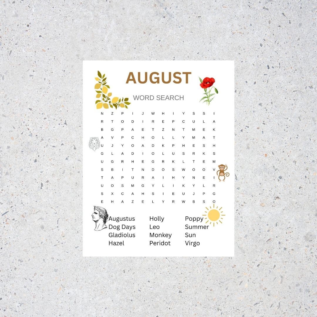 Word Search Puzzle August Printable Etsy