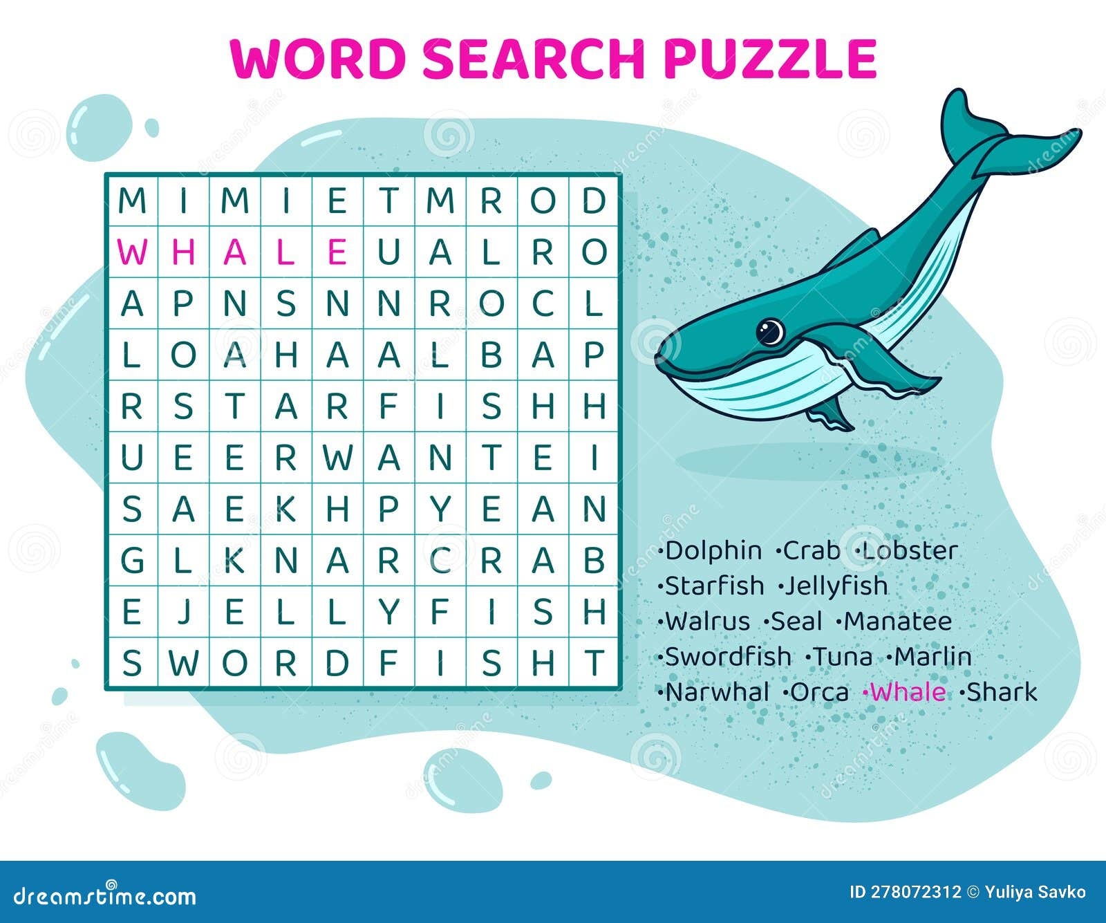 Word Search Puzzle Crossword With Fish Sea Animals Stock Vector 