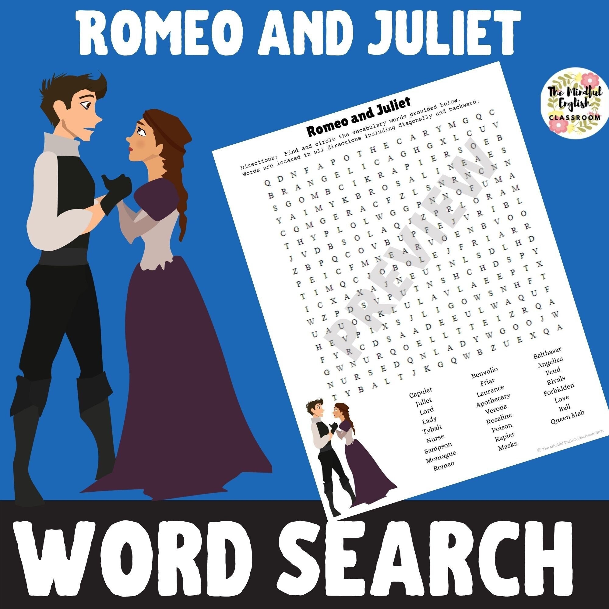Word Search Puzzle Romeo And Juliet Shakespeare Games And Puzzles Homeschool Resource Digital Download Printable Etsy