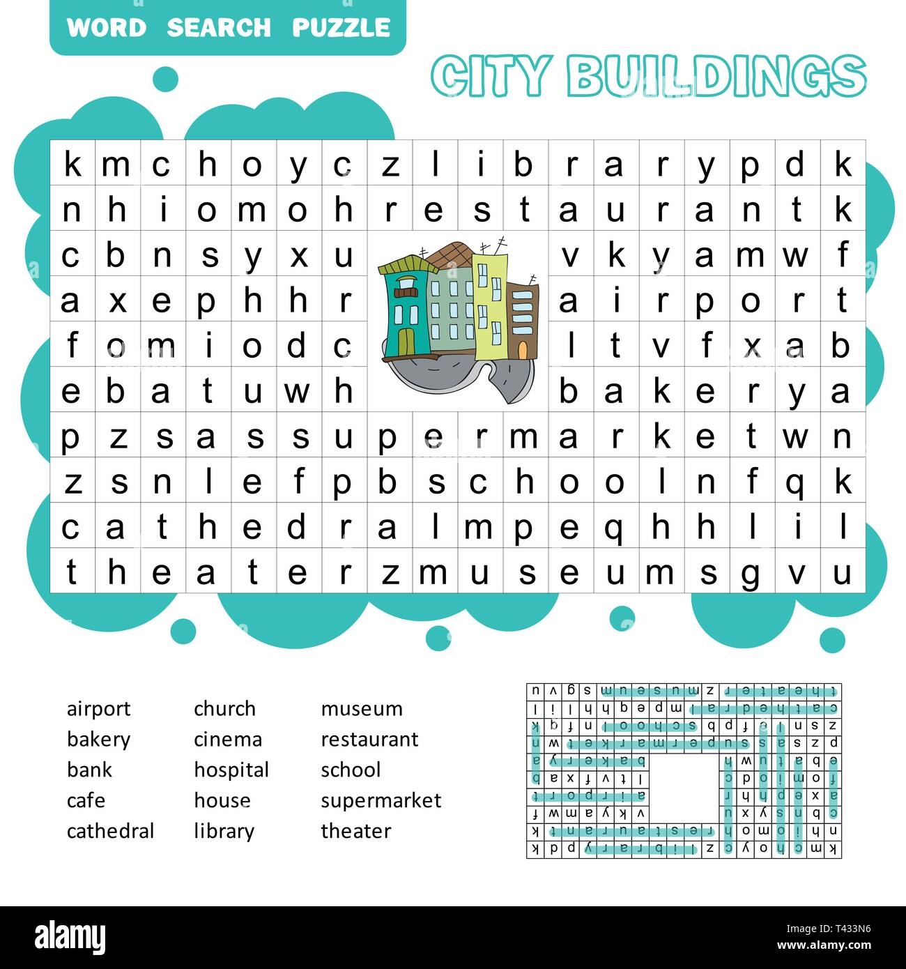 Word Search Puzzle Vector Game About City Buildings Worksheet For Children Colorful Printable Version With Answer Stock Vector Image U0026 Art Alamy