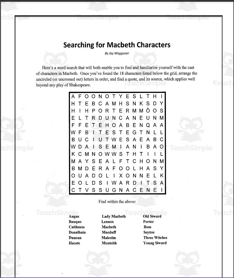 Word Search Searching For Macbeth Characters By Teach Simple