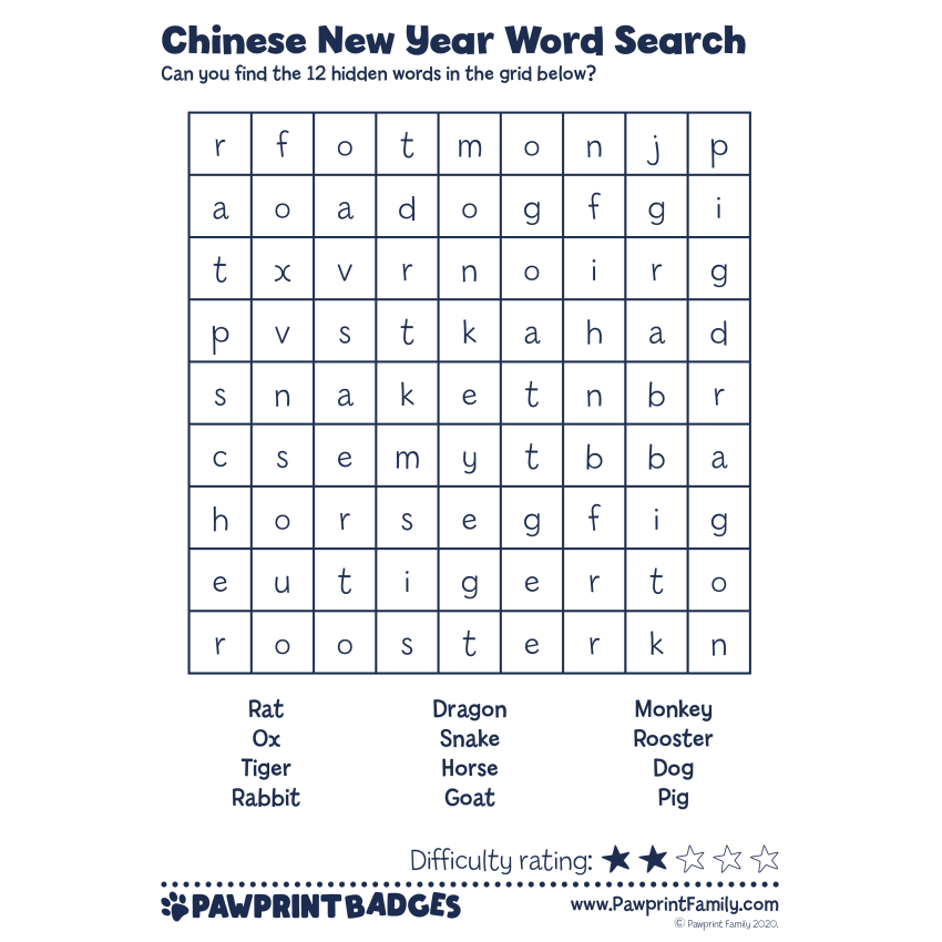 Word Searches Chinese New Year Pawprint Family