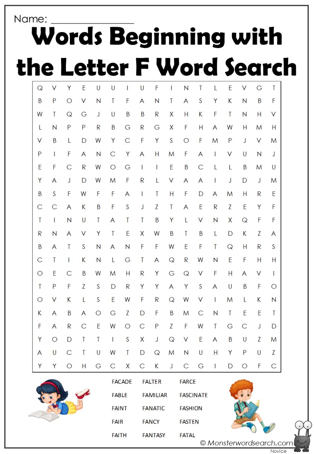 Words Beginning With The Letter F Word Search Monster Word Search