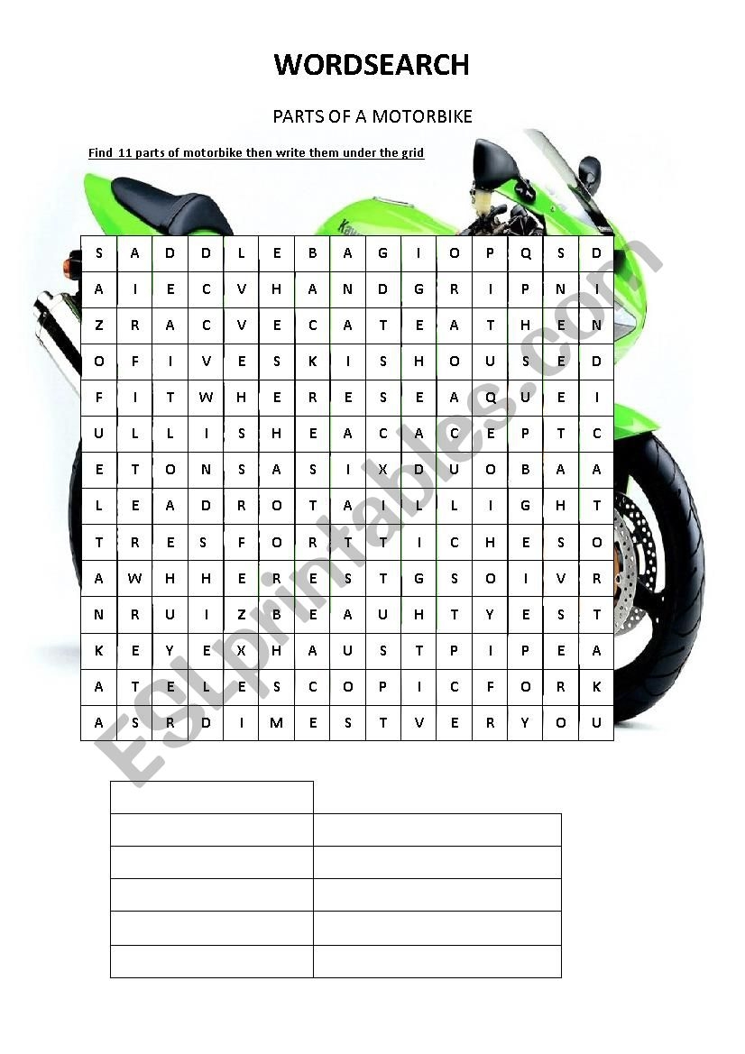 Wordsearch About Motorbikes ESL Worksheet By Action18