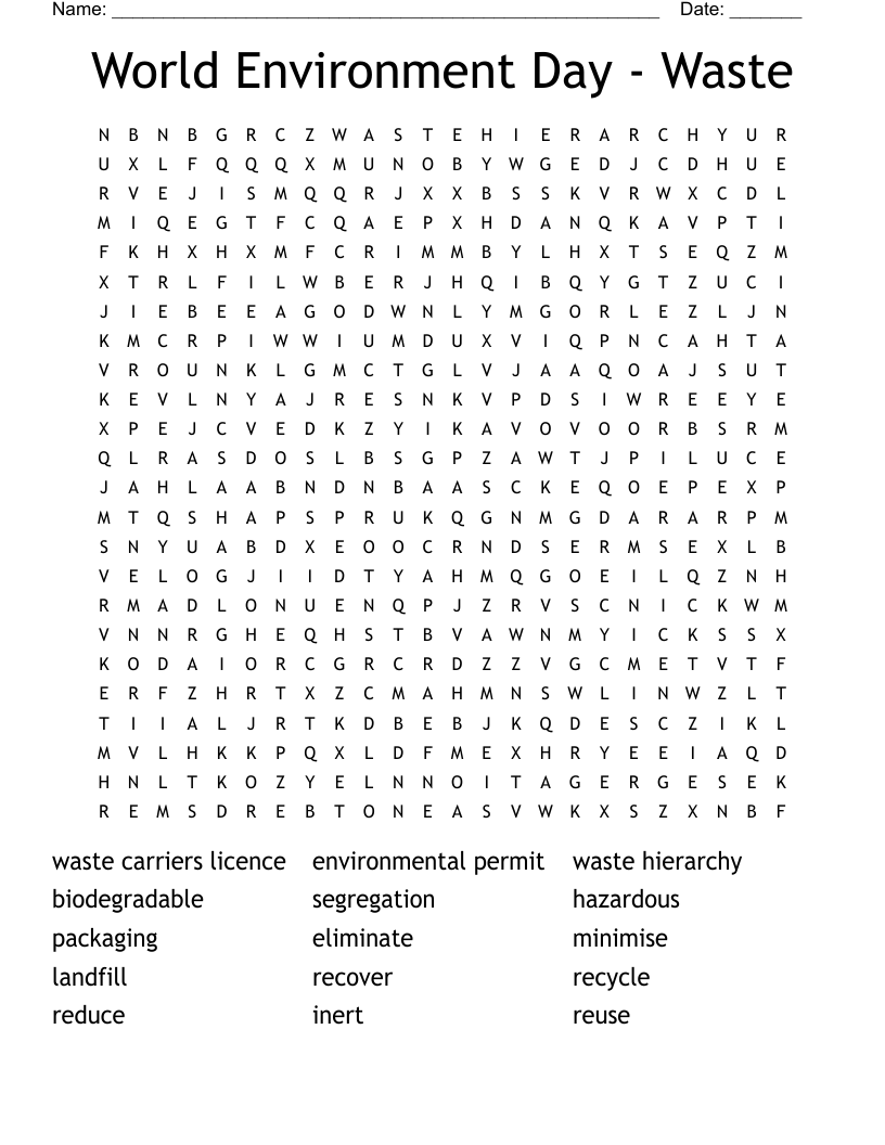 World Environment Day Waste Word Search WordMint
