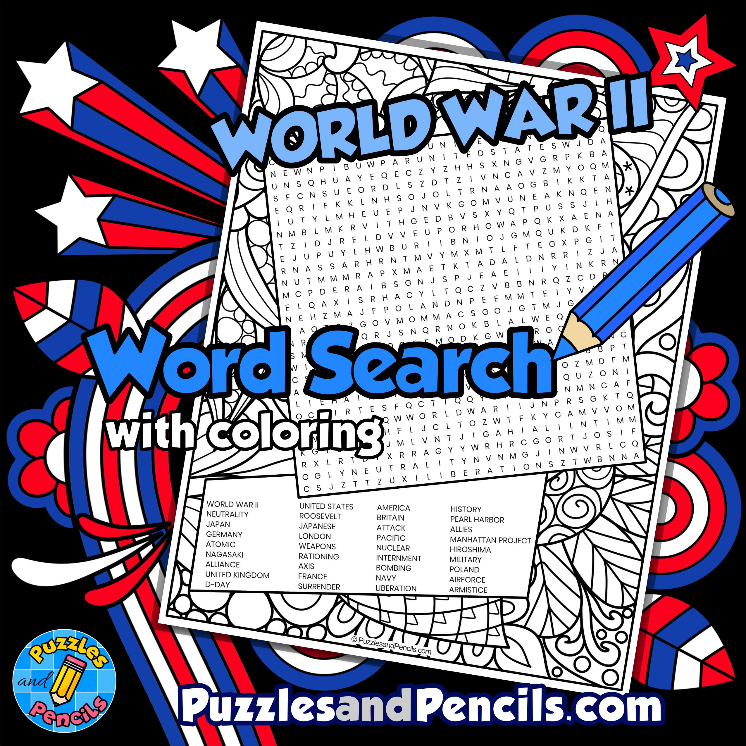 World War II Word Search Puzzle With Coloring US History Wordsearch