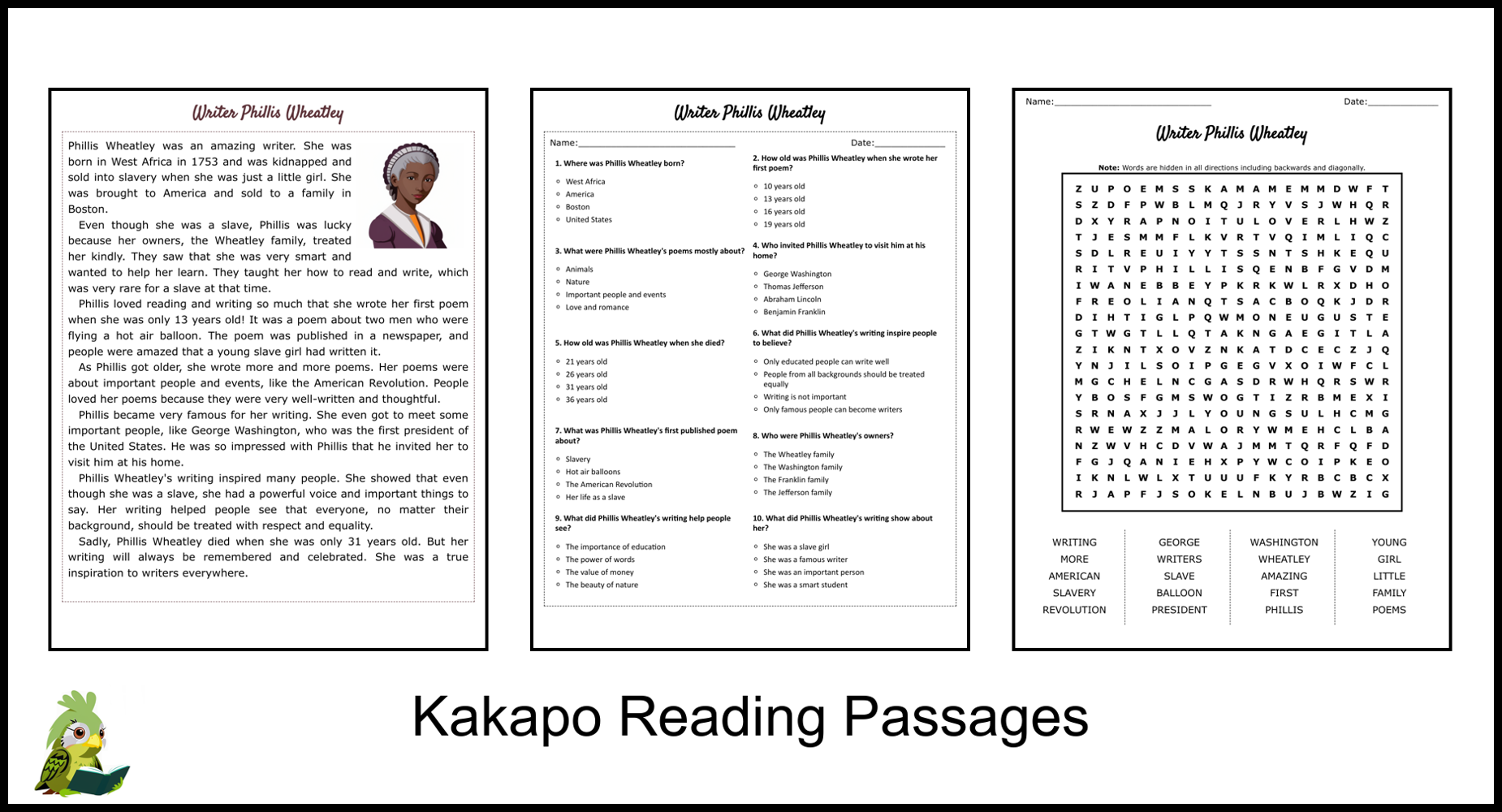 Writer Phillis Wheatley Reading Comprehension And Word Search 