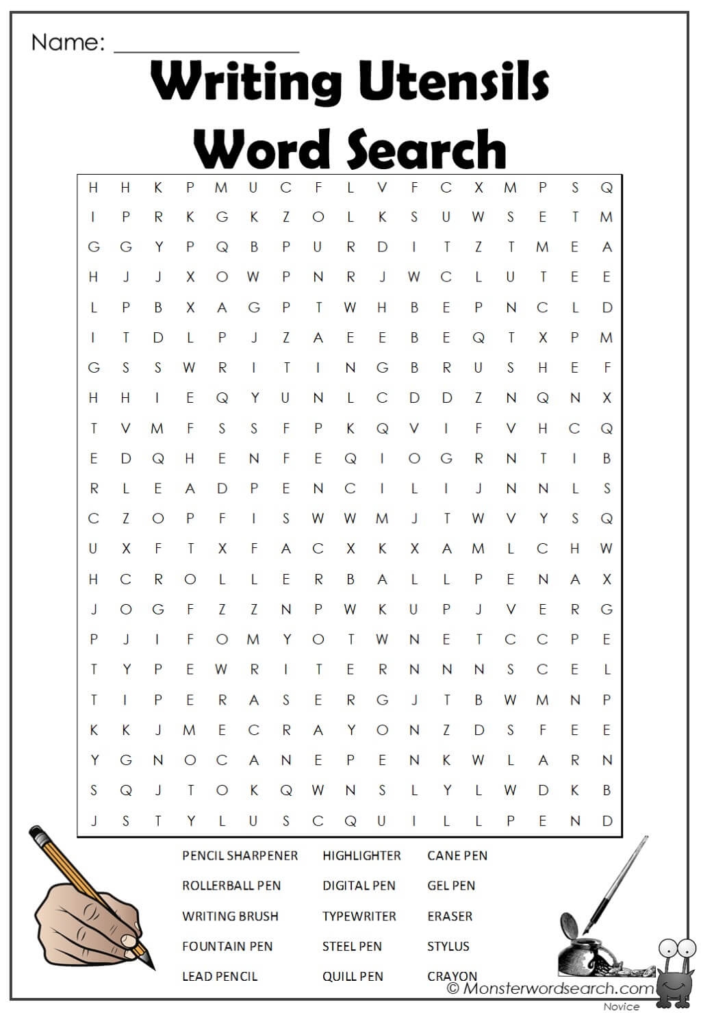 Writing Utensils Word Search Monster Word Search