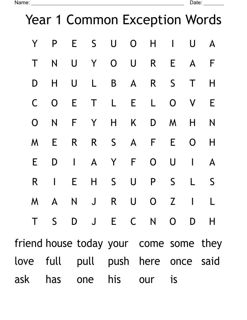 Year 1 Common Exception Words Word Search WordMint