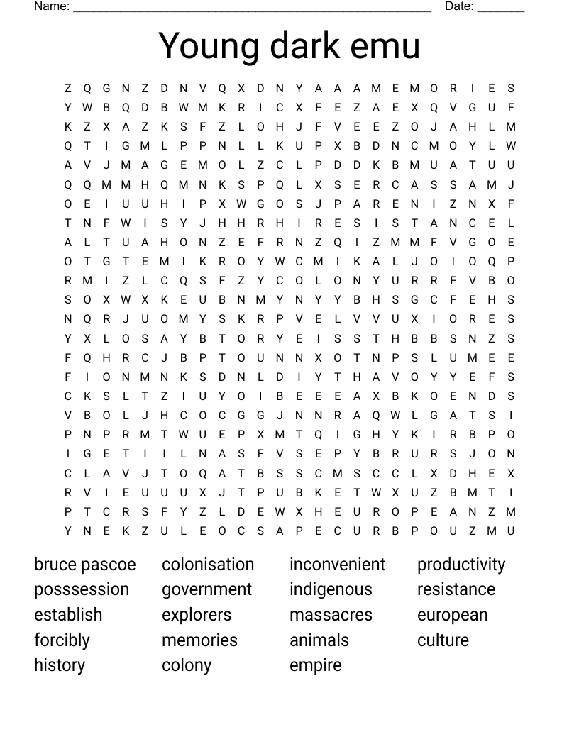 Young Dark Emu Word Search WordMint