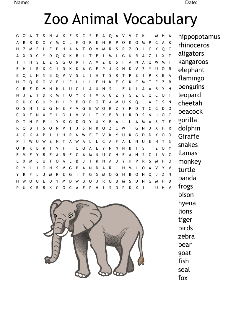 Zoo Animals Word Search WordMint