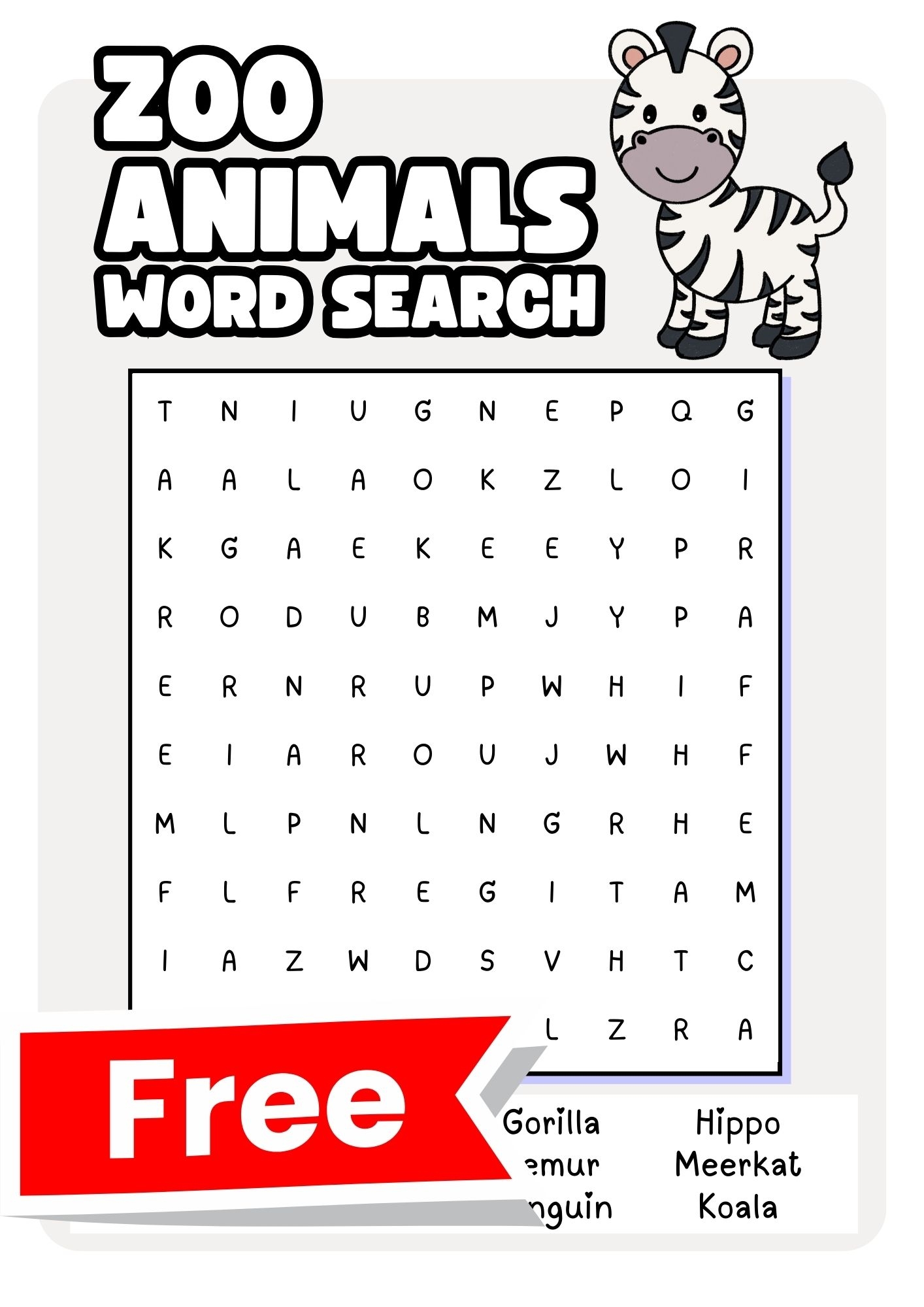 Zoo Animal Word Search Printable