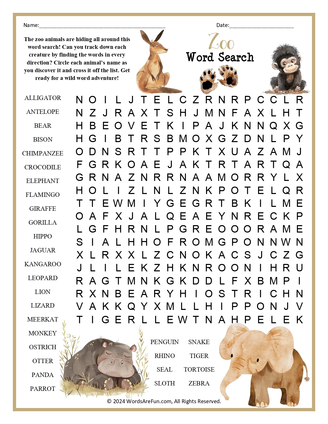 Zoo Word Search Zoo Word Search