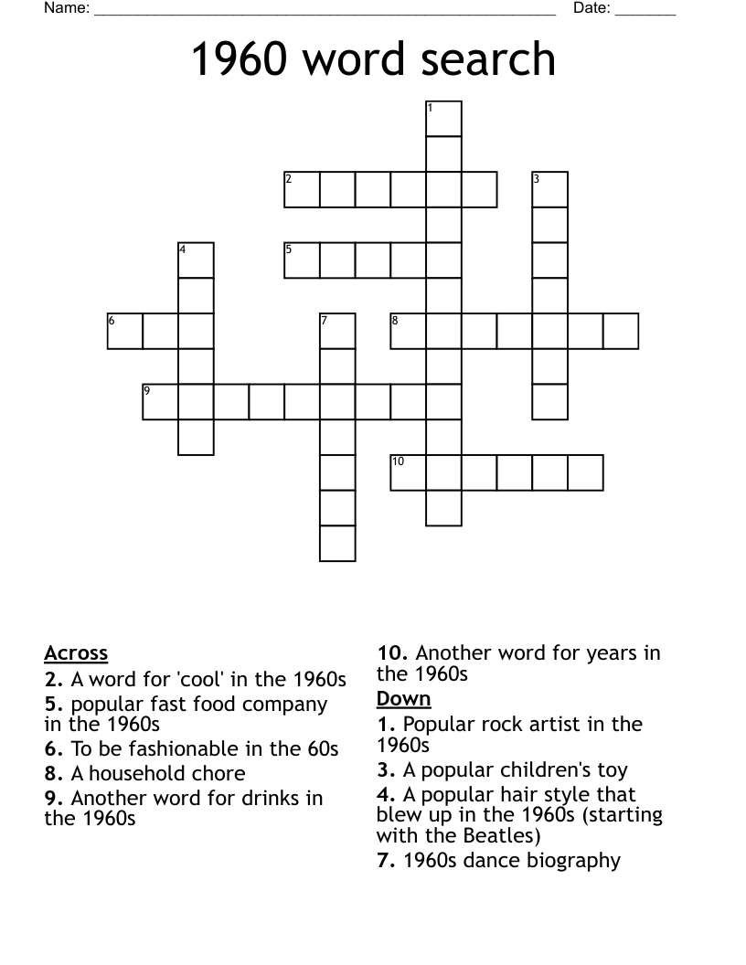 1960 Word Search Crossword WordMint
