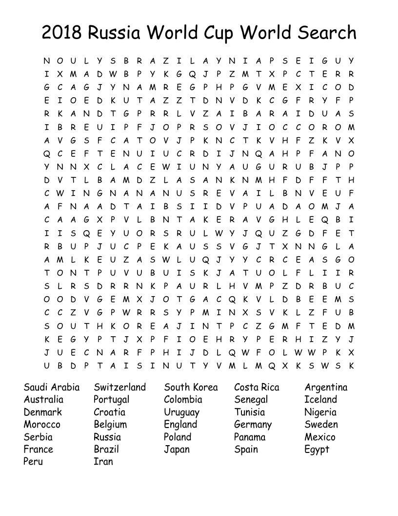 2018 Russia World Cup World Search Word Search WordMint