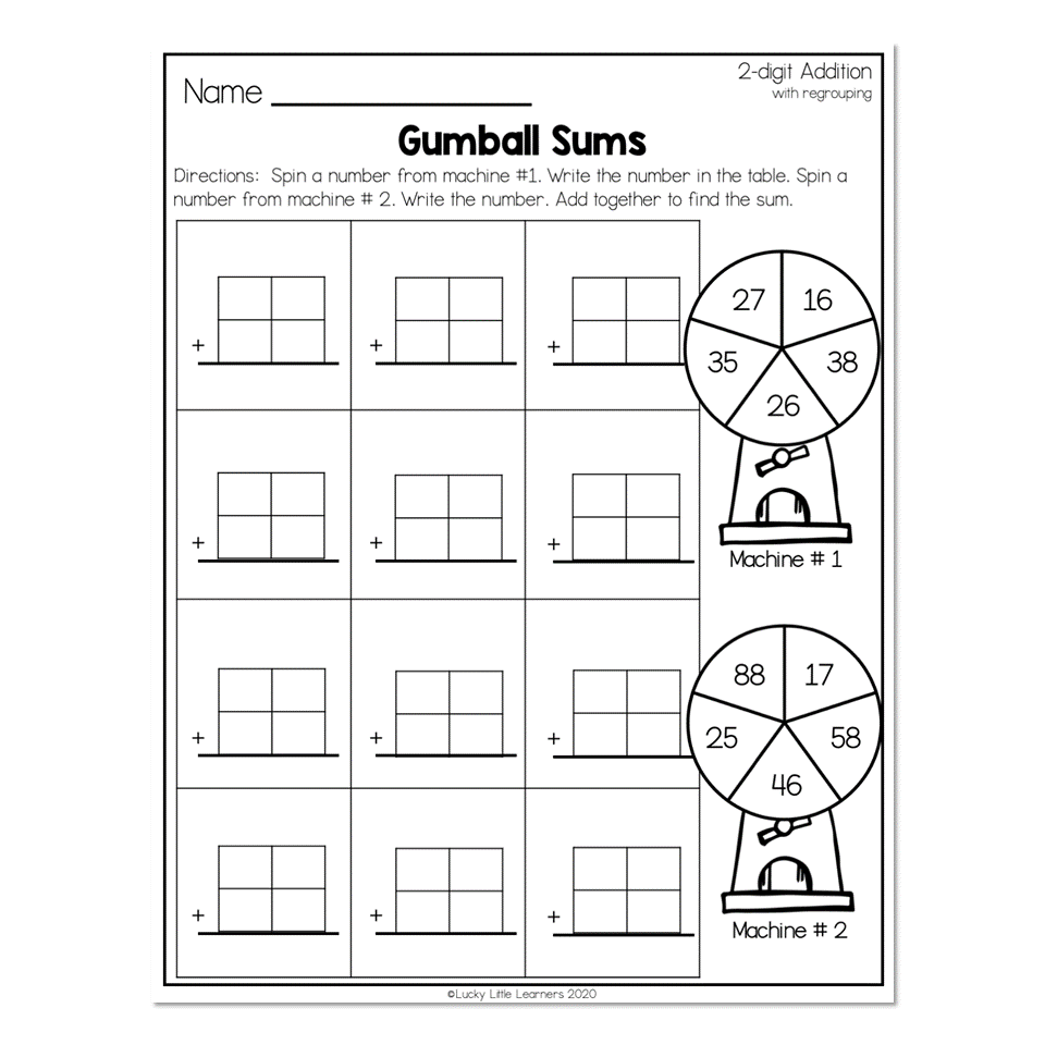 2nd Grade Math Worksheets 2 Digit Addition With Regrouping Gumball Sums Lucky Little Learners