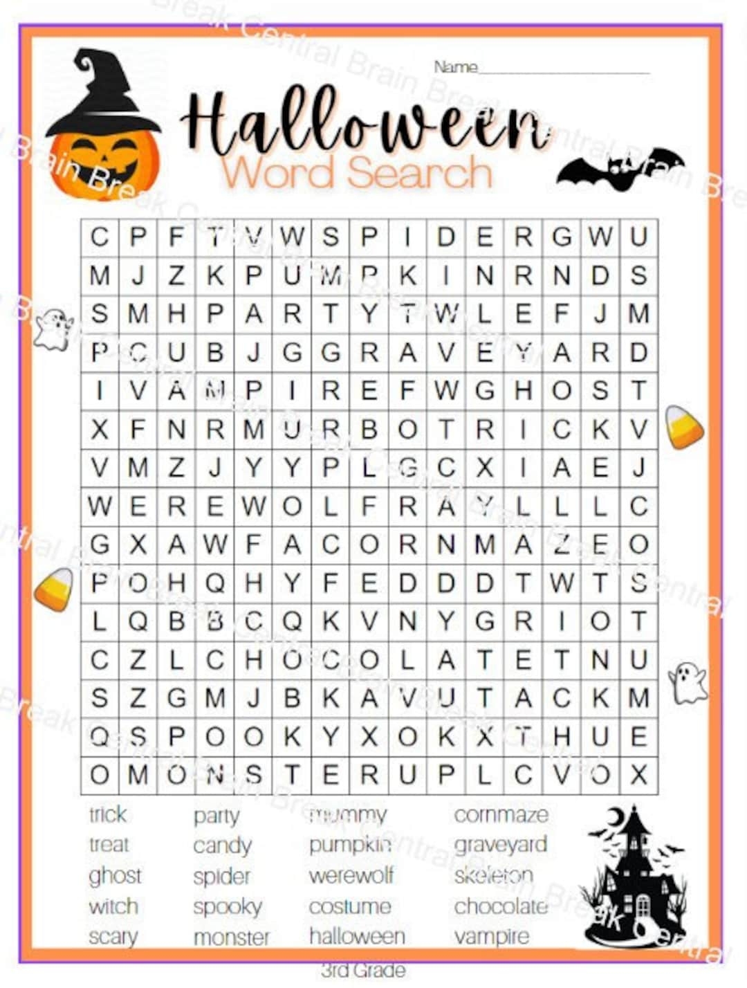 3rd Grade Halloween Word Search With Answer Key Etsy