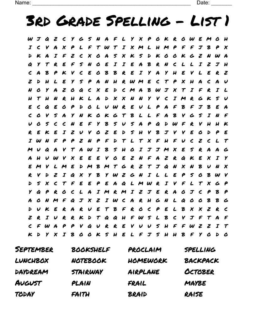 3rd Grade Spelling List 1 Word Search WordMint