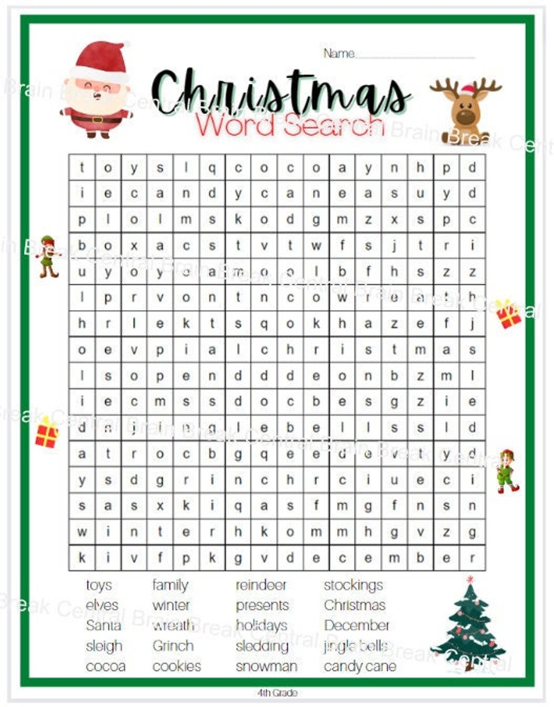 4th Grade Christmas Word Search With Answer Key Printable Etsy