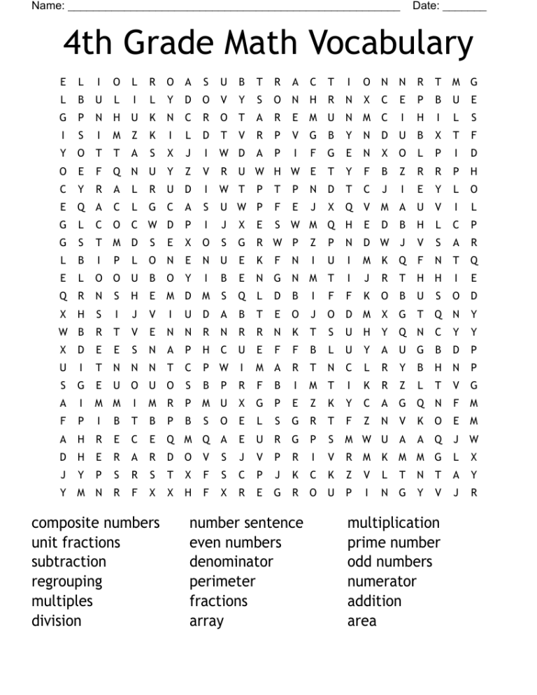 4th Grade Math Vocabulary Word Search WordMint