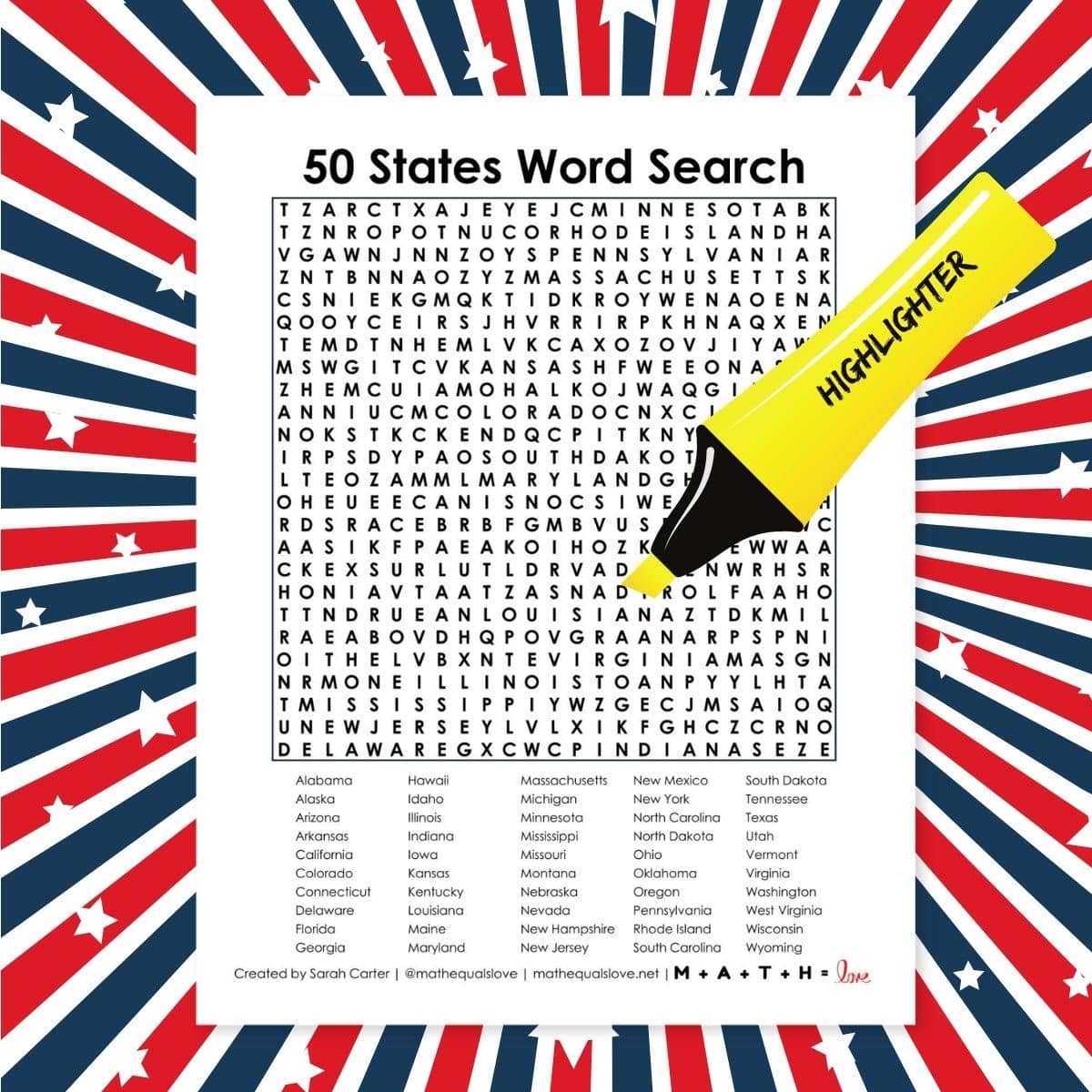 50 State Word Search Printable