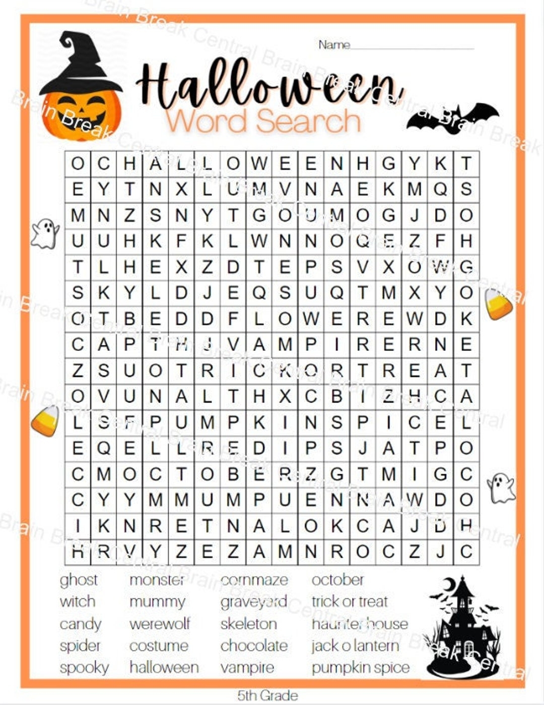 5th Grade Halloween Word Search With Answer Key Etsy