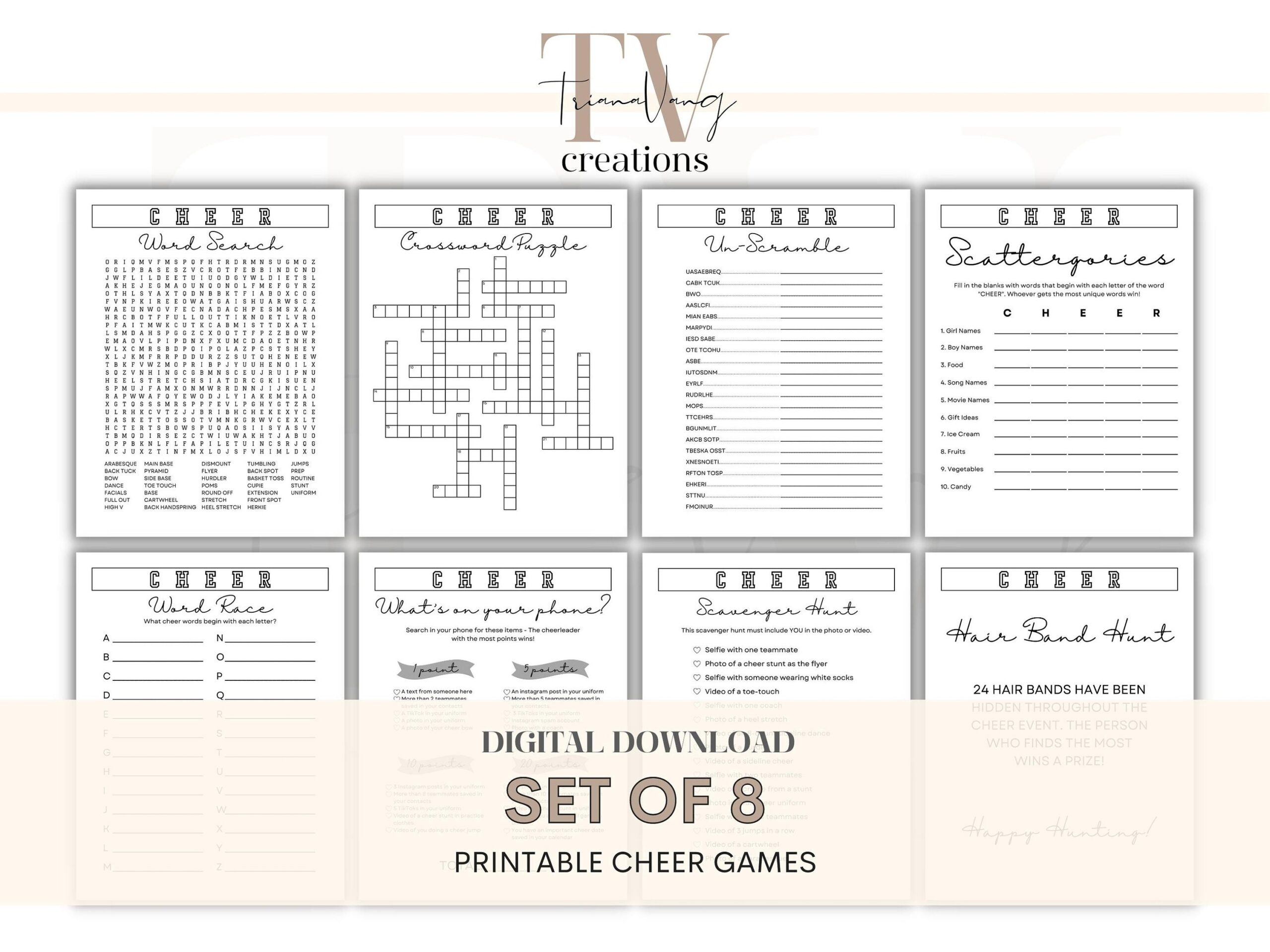 8 Cheerleading Games Keys PDF Printable Birthday Parties 
